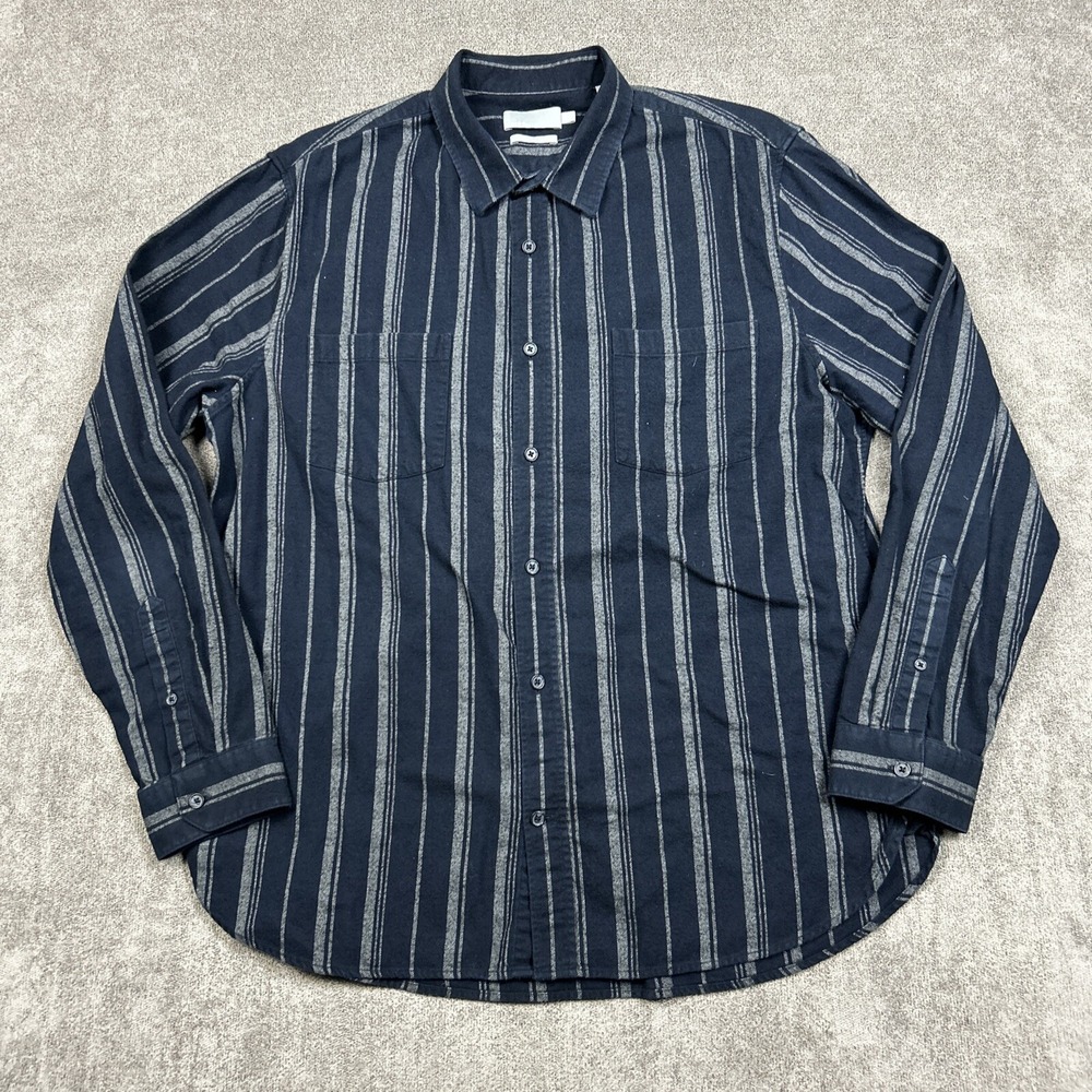 Vince Shirt Mens XL Flannel Button Up Navy Blue Striped Outdoor Warm